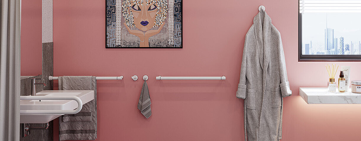 Erlau grab rails and accessories in a modern, accessible bathroom in white