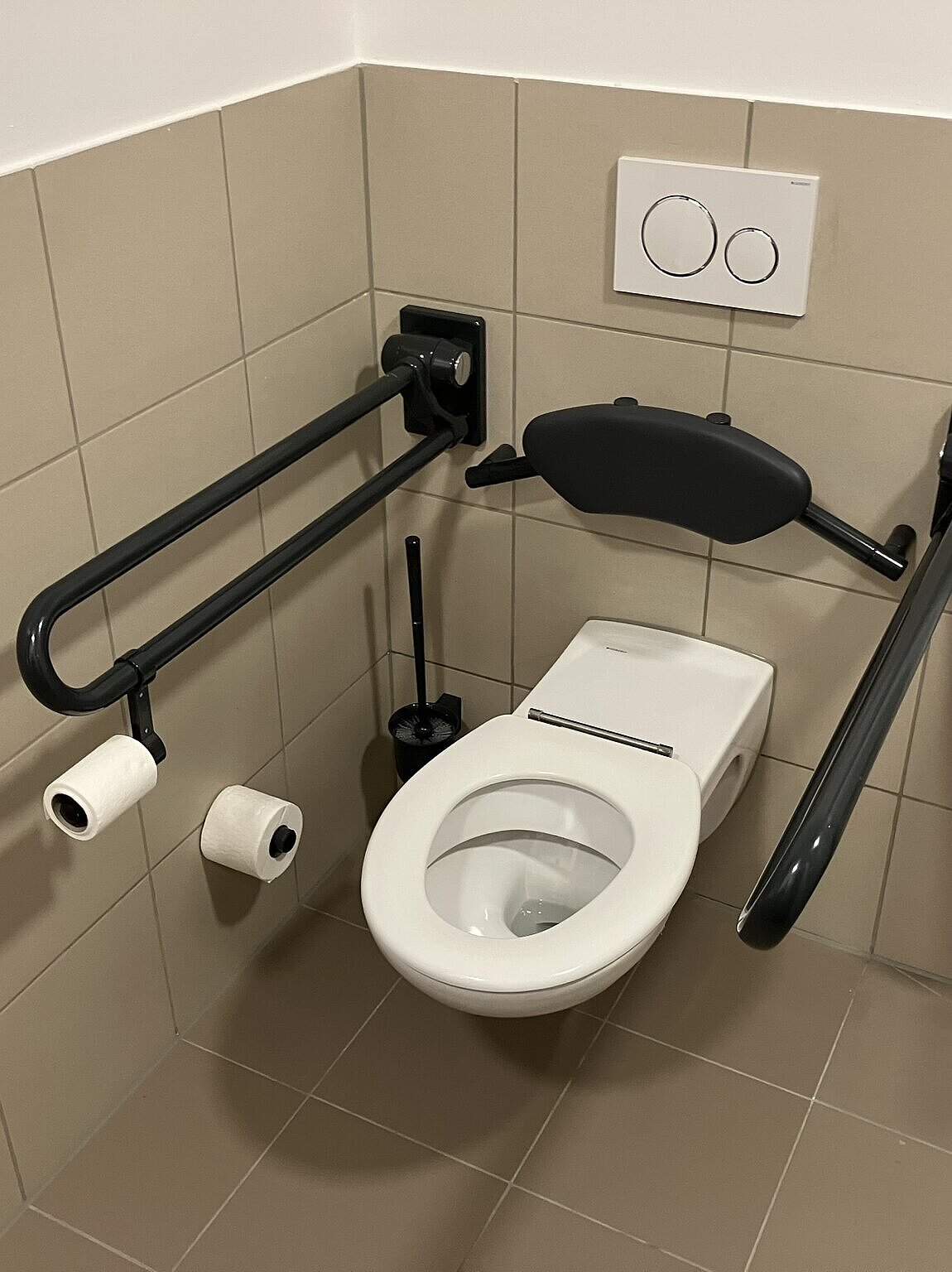 Stützgriff und Rückenstütze am WC in anthrazitgrau der Marke Erlau im Seniorenheim in Bernau am Chiemsee