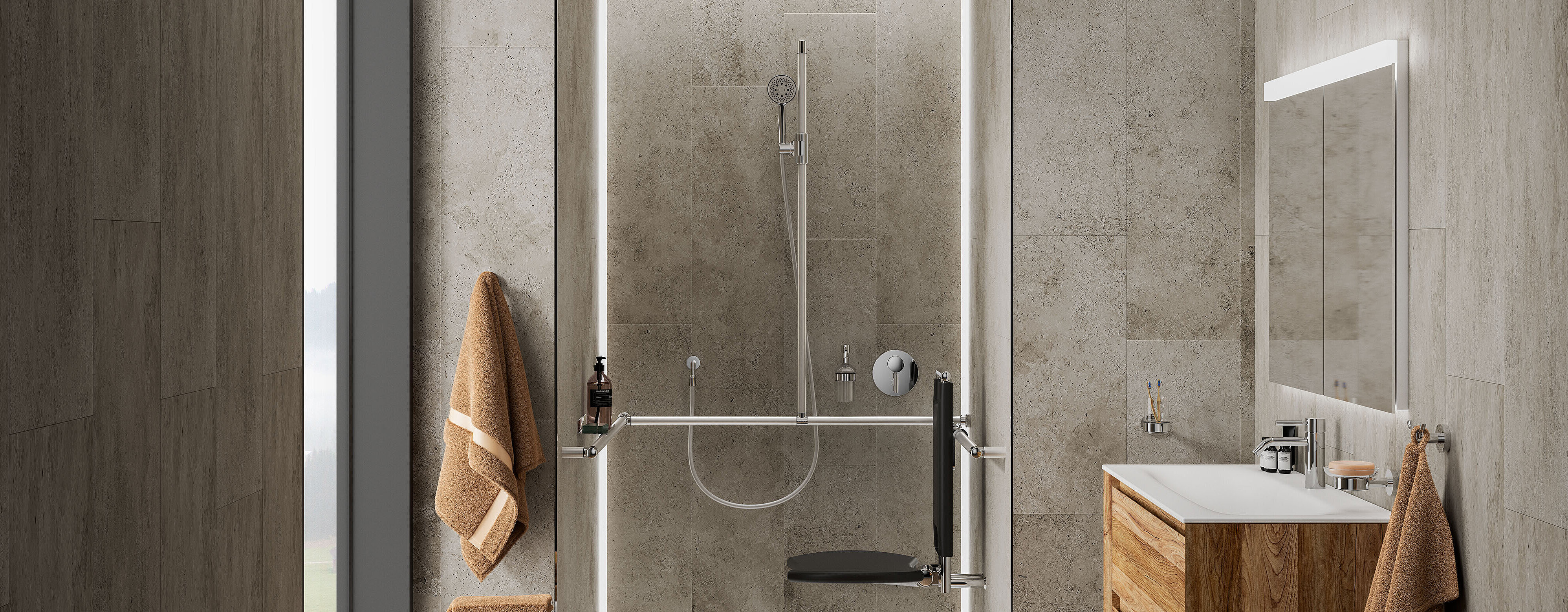 Erlau shower handrail in custom sizes for a shower cubicle with Individual components
