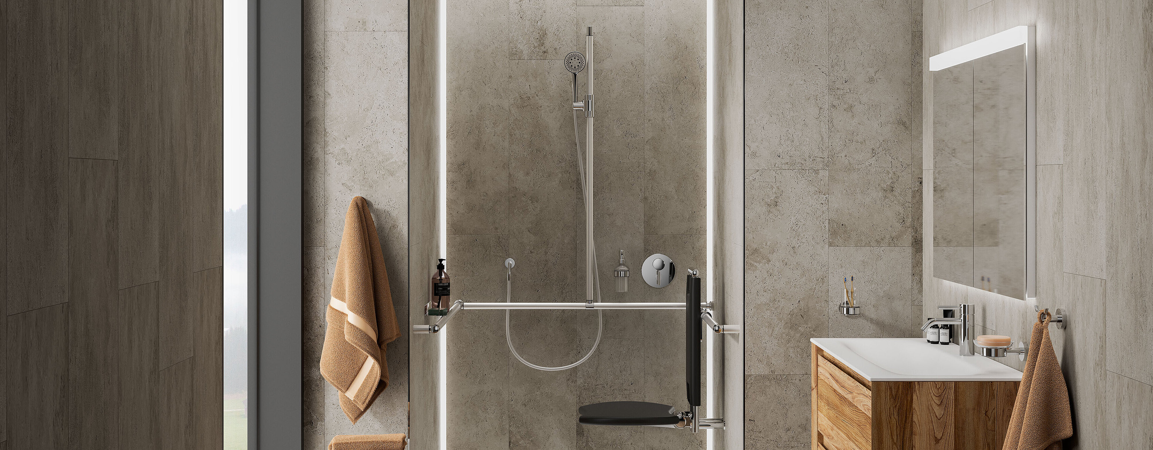 An Erlau shower handrail in a shower cubicle, with an elegant finish in high-gloss polished anodised aluminium