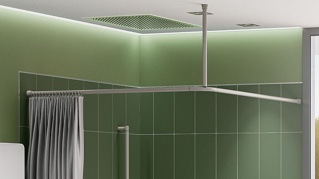Duschvorhangstange DVS-L in L-Form der Marke Erlau in steingrau als elegante Abtrennung des Duschbereiches in einem Pflegebad