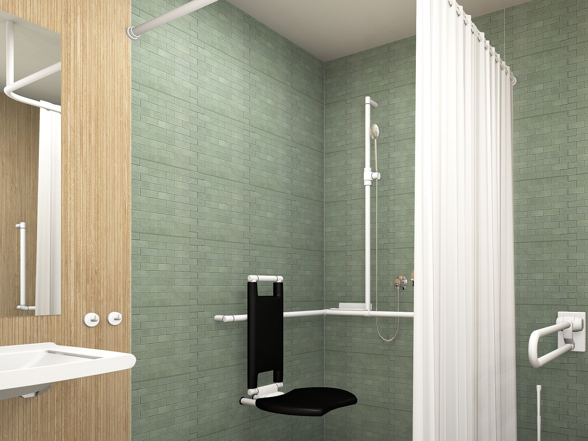 Residents’ bathroom shower area in accordance with DIN 18040, fitted with ERLAU brand products