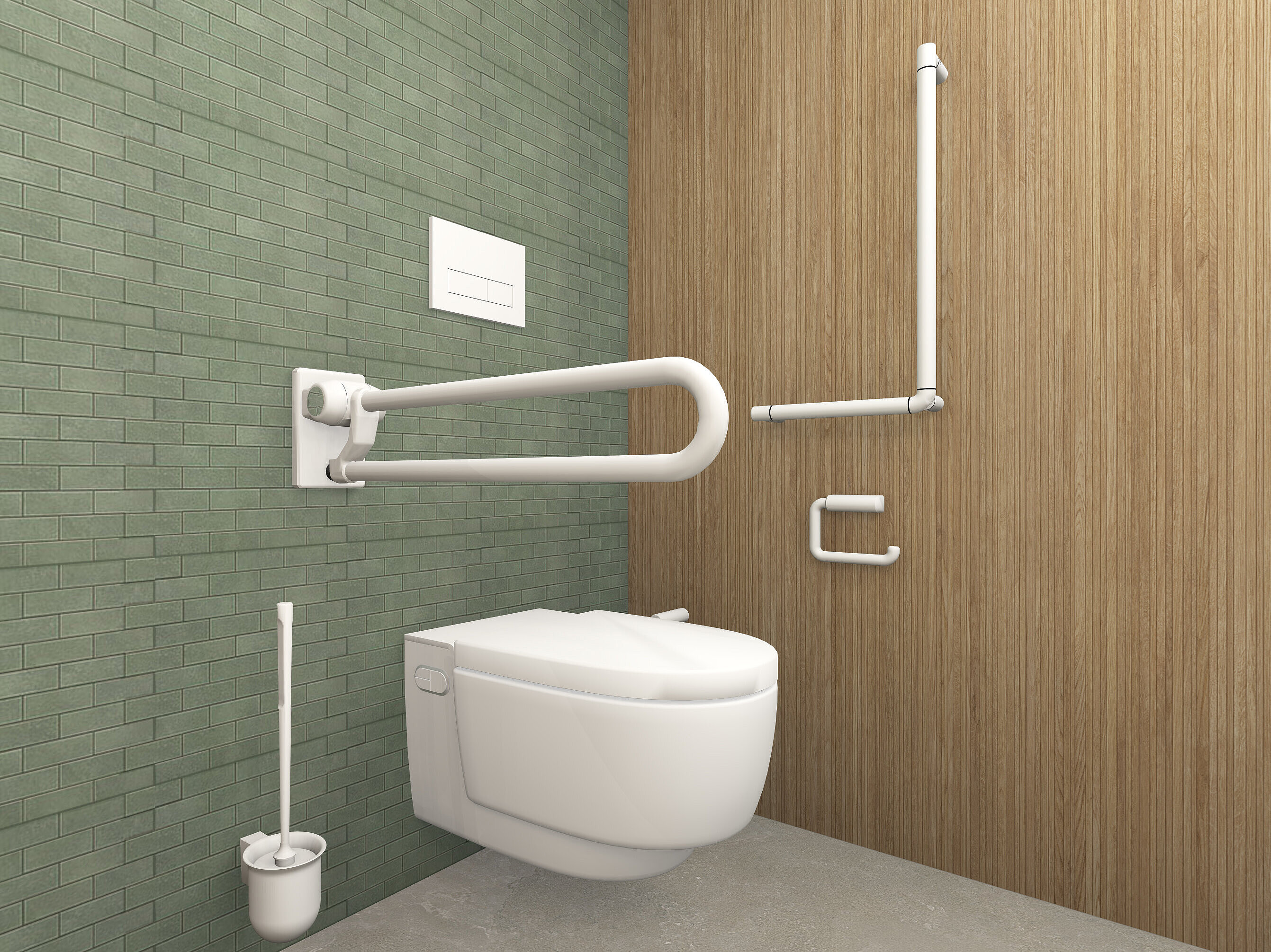 Residents’ bathroom and toilet area in accordance with DIN 18040, fitted with ERLAU brand products
