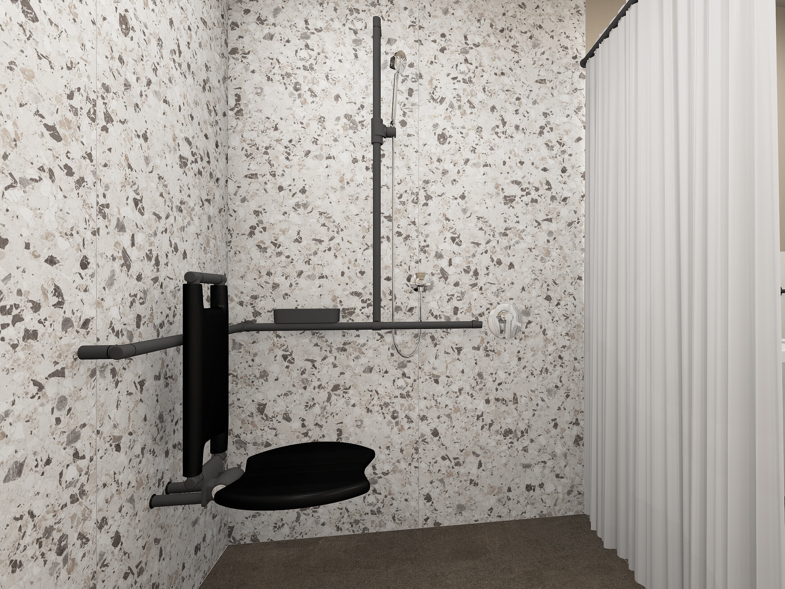 Wheelchair-accessible residents’ bathroom; shower area compliant with DIN 18040, featuring ERLAU brand products