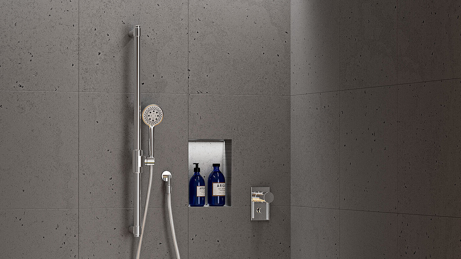 Erlau VariGrip adjustable shower rail in chrome-plated stainless steel in a loft-style bathroom