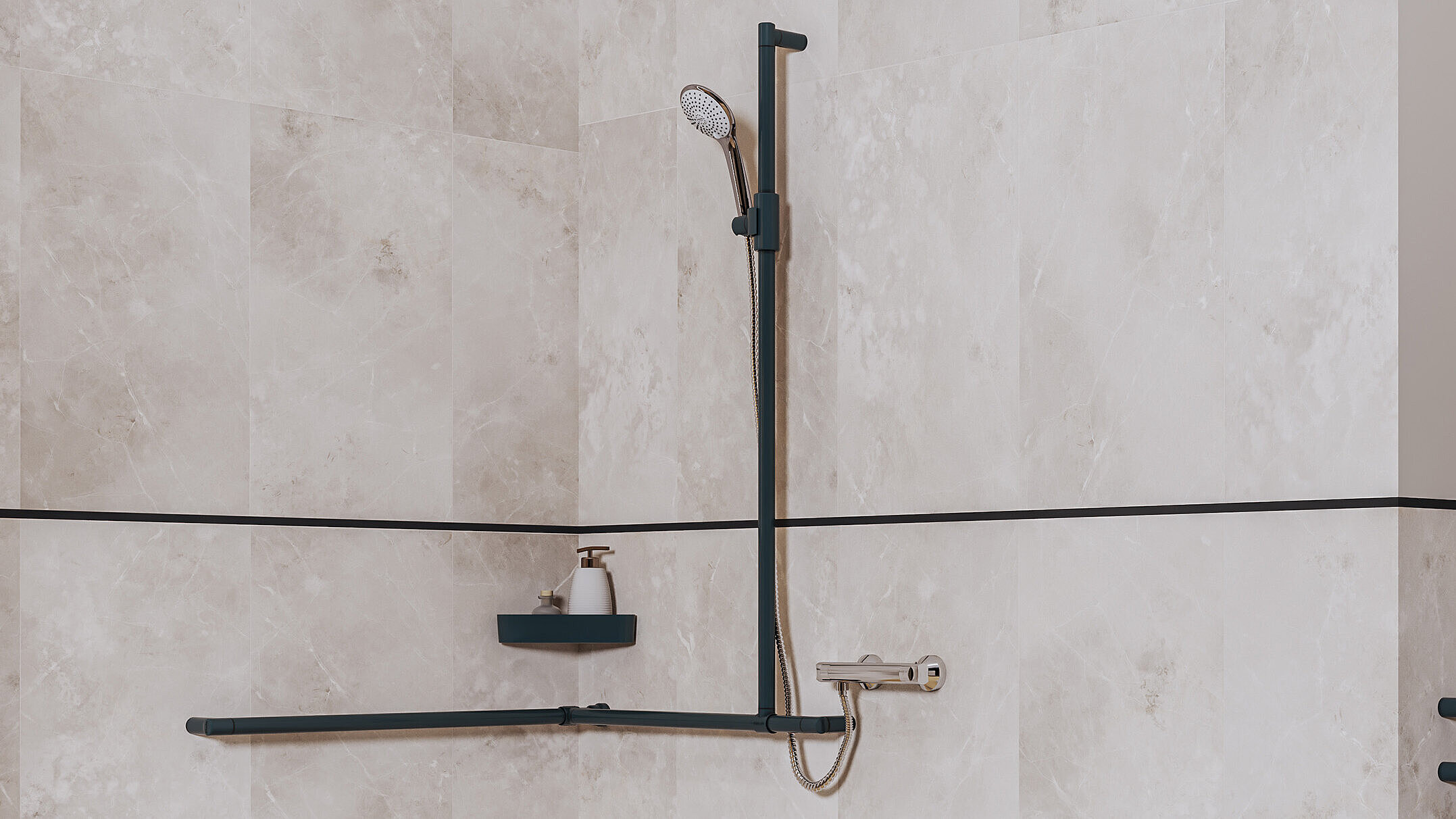Erlau corner shower handrail in anthracite grey, designed as a recessed solution for the shower