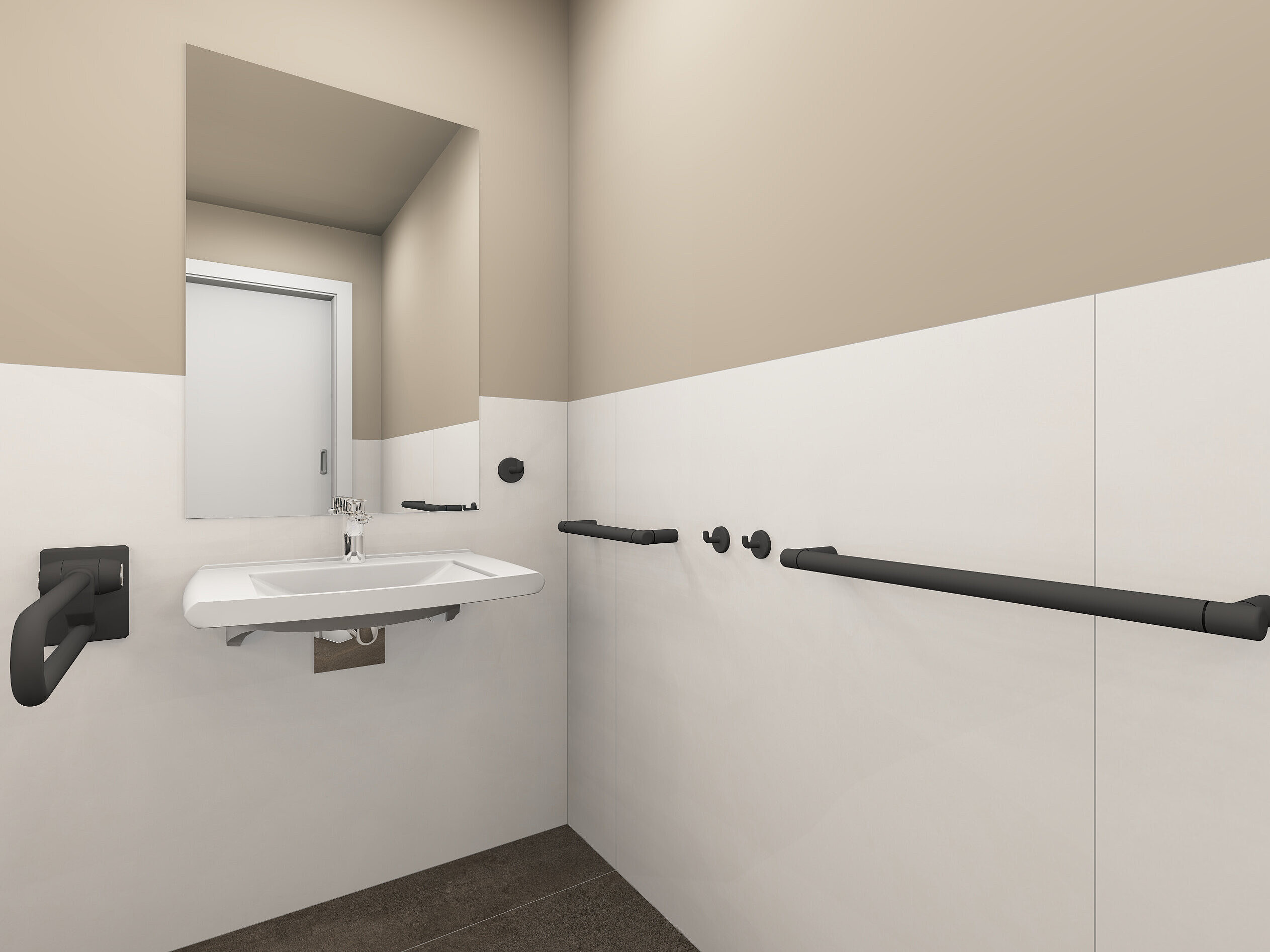 Residents’ bathroom: wheelchair-accessible washbasin in accordance with DIN 18040, fitted with ERLAU brand products