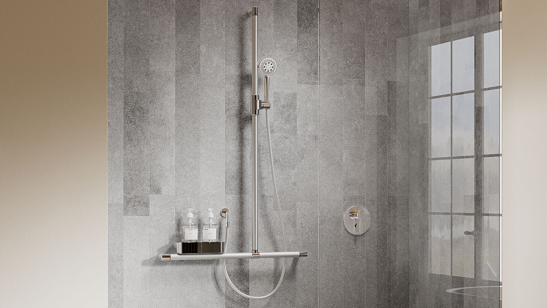 Erlau brand T-shaped ‘Rundgrip’ shower handrail in high-gloss polished anodised finish, designed as a support aid in the shower