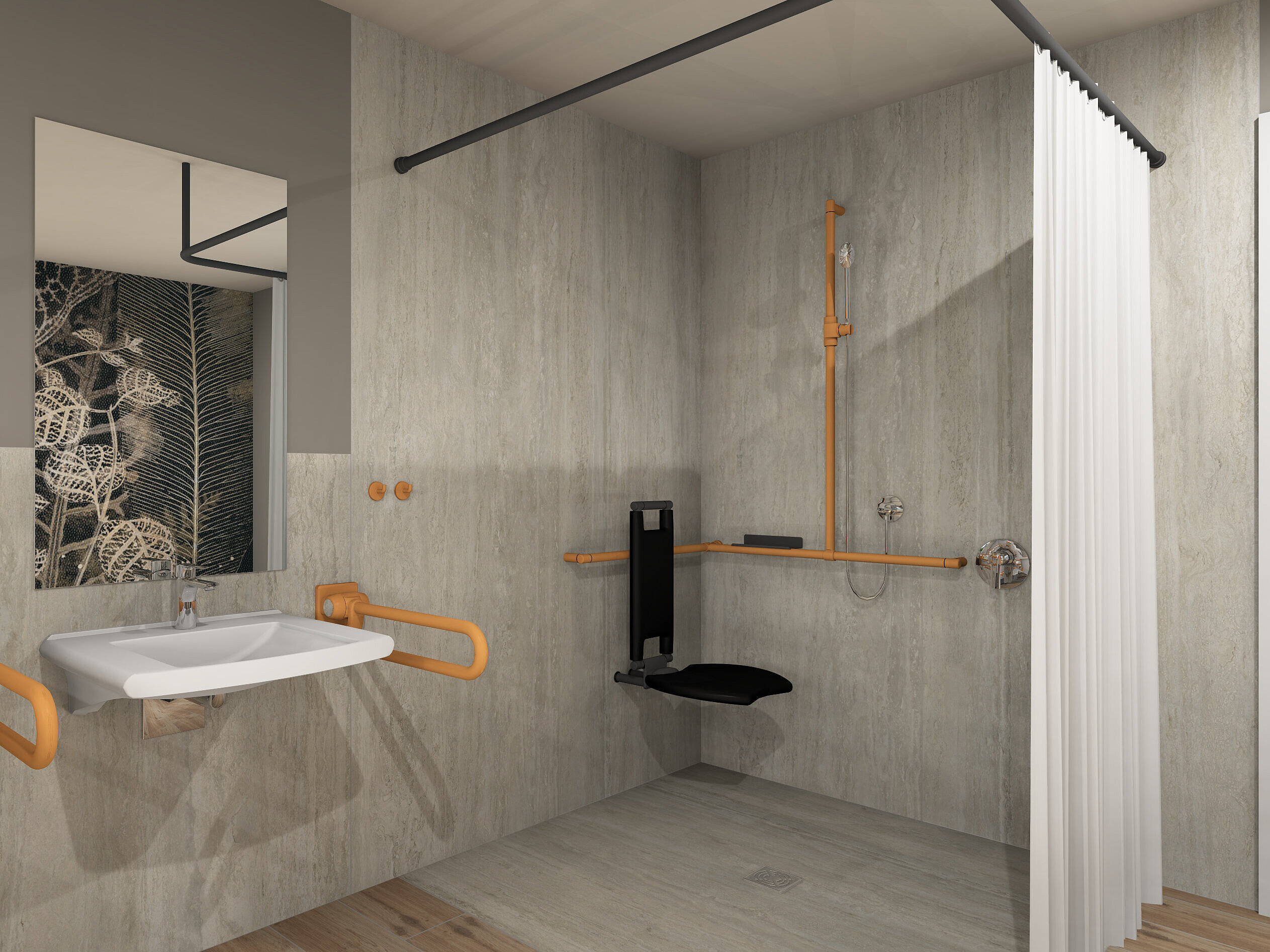 Care bathroom shower area in accordance with DIN 18040, featuring products from the ERLAU brand