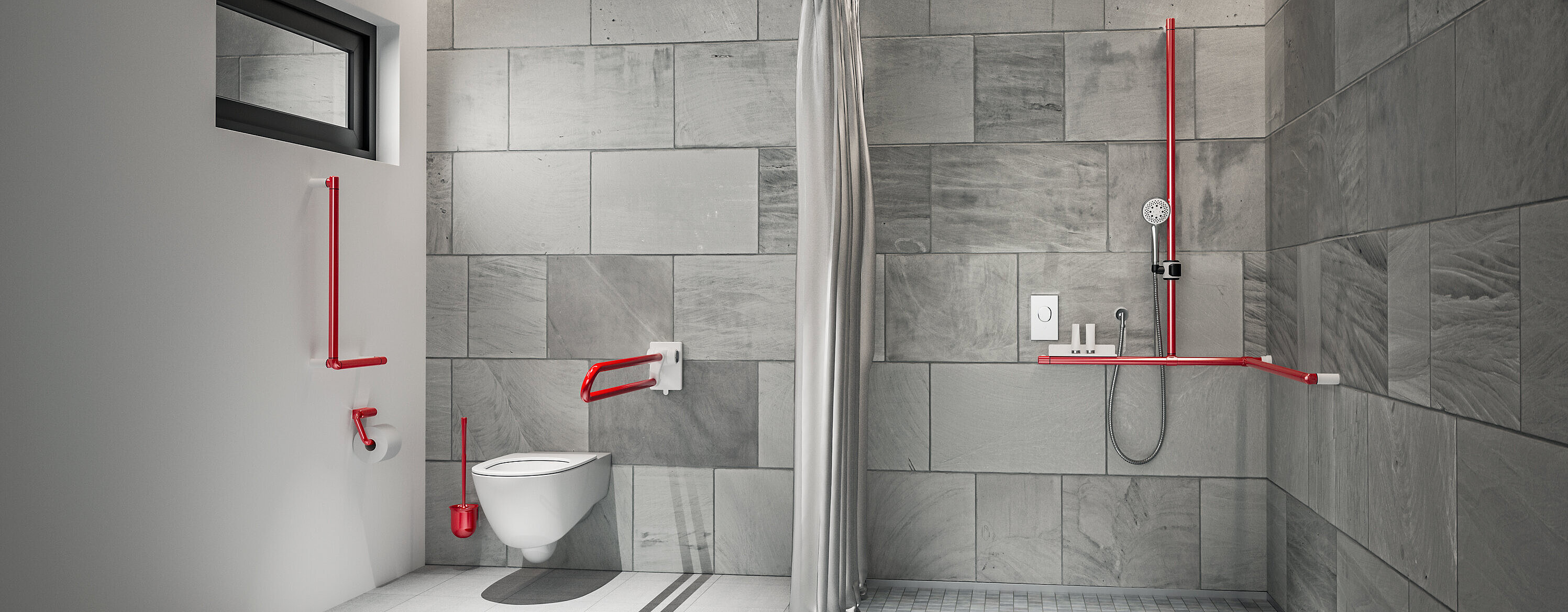 Erlau brand grab rails in contrasting red and white in the safe care bathroom