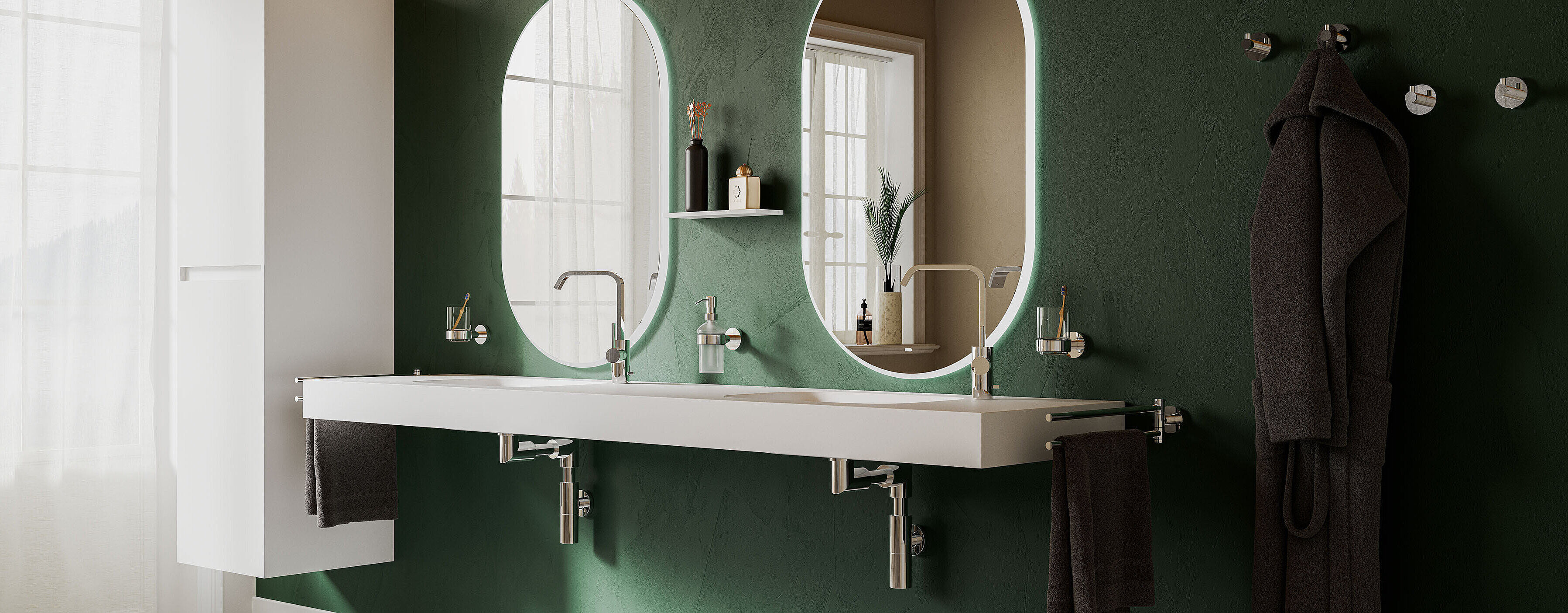 Badezimmer Accessoires Circle Chrom Line der Marke Erlau am Waschtisch eines eleganten Badezimmers