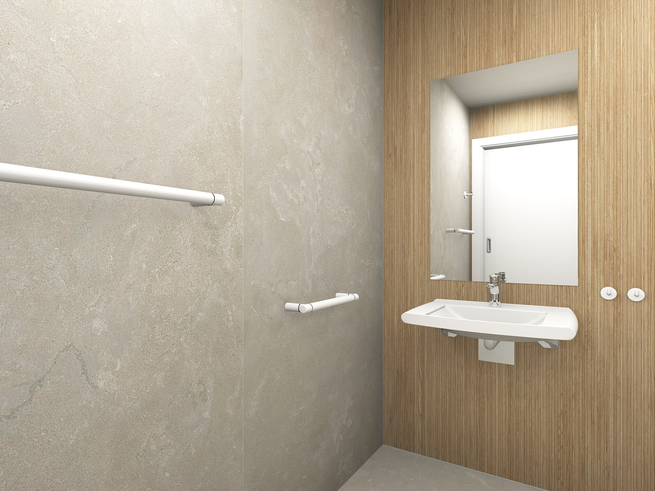 Residential bathroom washbasins in accordance with DIN 18040, featuring products from the ERLAU brand