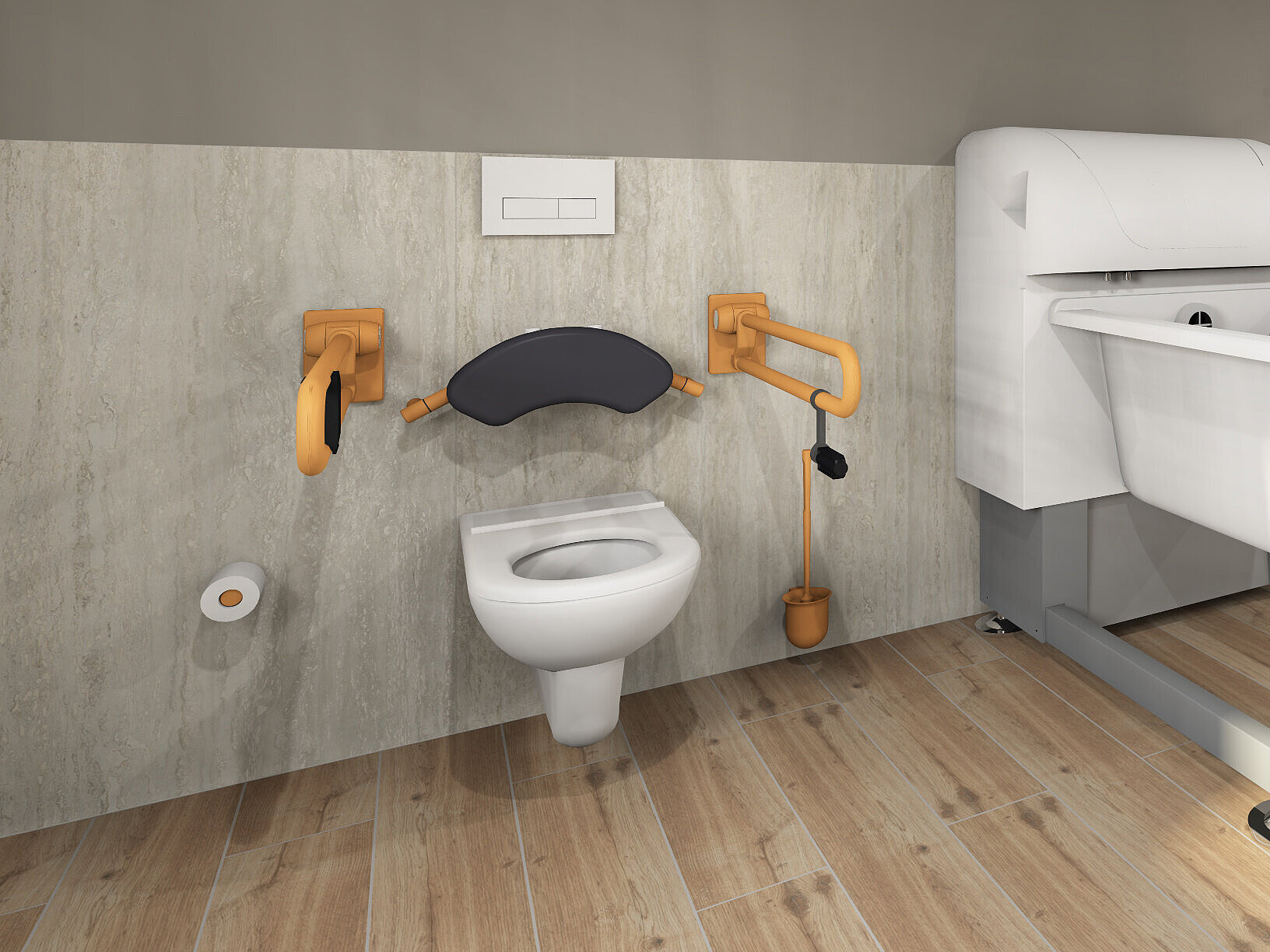 Accessible bathroom and toilet area in accordance with DIN 18040, featuring products from the ERLAU brand