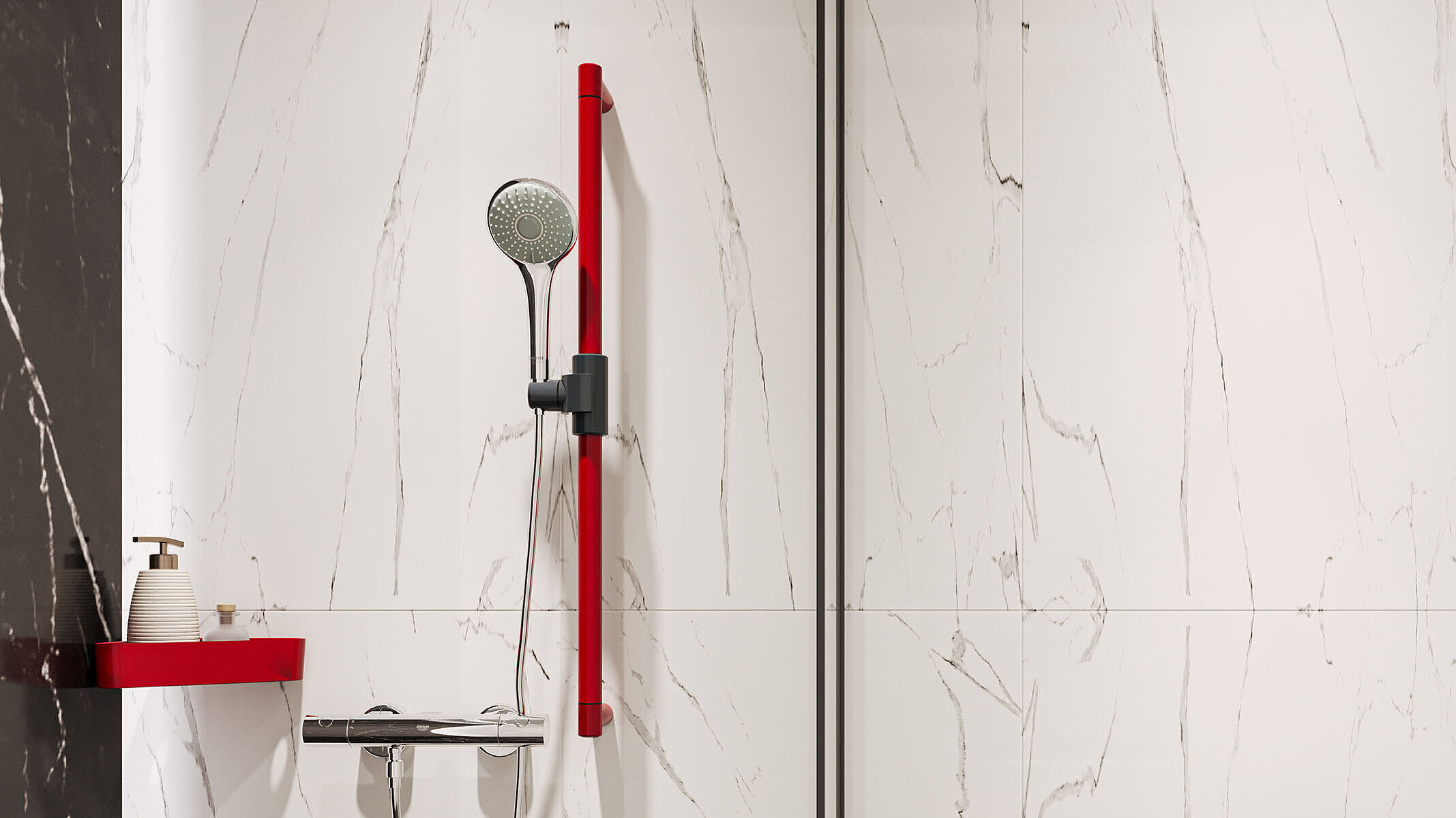 Erlau ‘Rundgrip’ shower rail in a striking, bold ruby red colour, set against light-coloured tiles