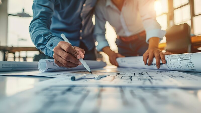 Architekten prüfen Planungsunterlagen für barrierefreie Badkonzepte von ERLAU