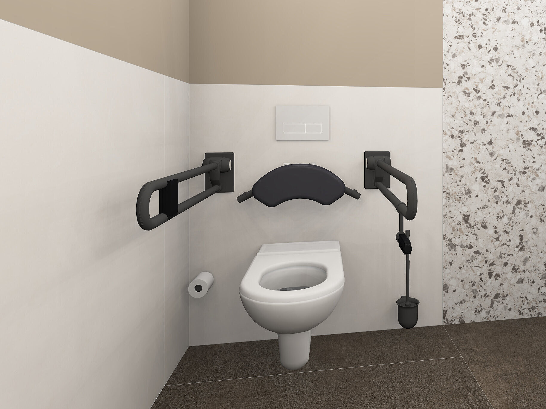Residents’ bathroom with wheelchair-accessible toilet area in accordance with DIN 18040, featuring ERLAU brand products