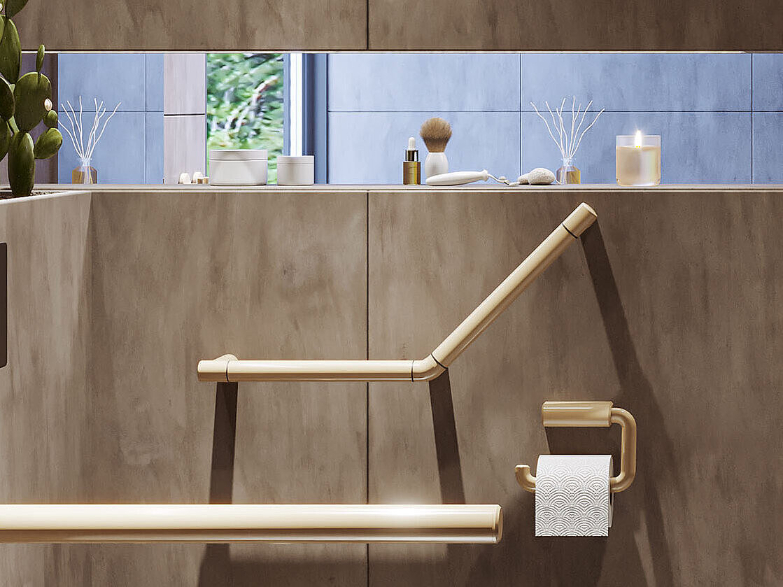 Erlau brand 45° angled grab rail in grey-beige, designed to provide optimal support next to the toilet in earth tones