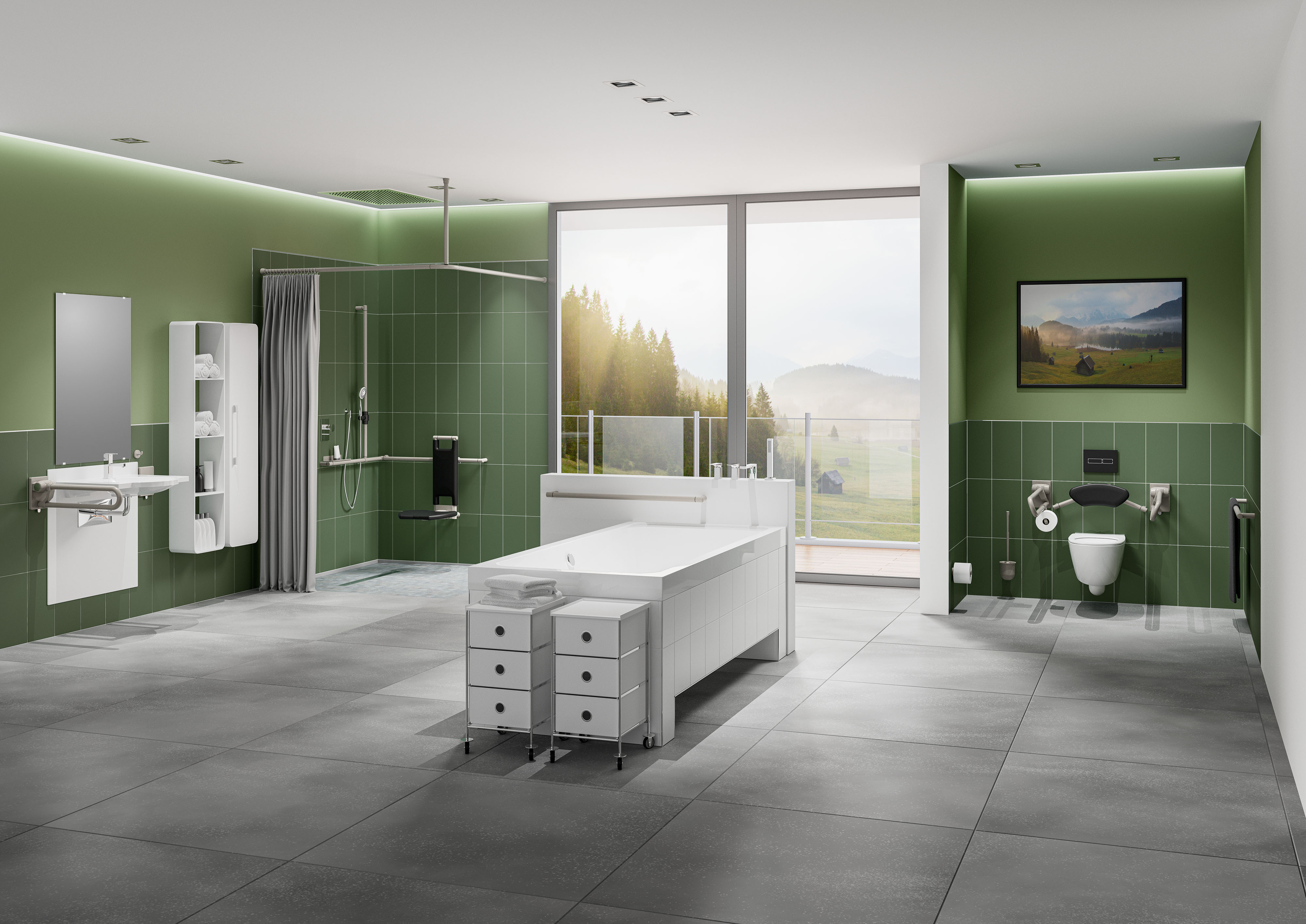 Accessible bathroom in a retirement and care home, fitted with Erlau brand products