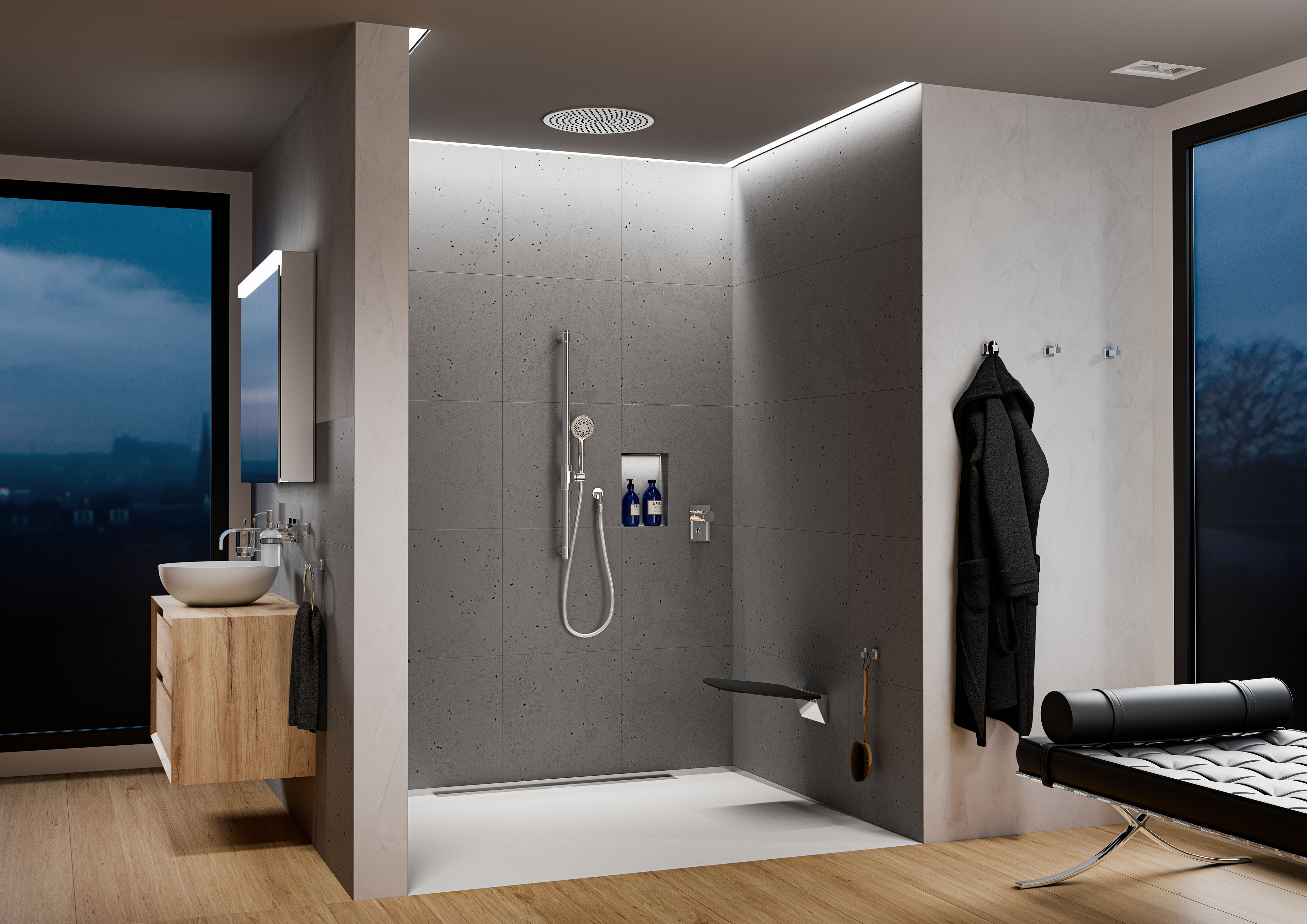 A hotel bathroom adapted for disabled guests, featuring Erlau brand products
