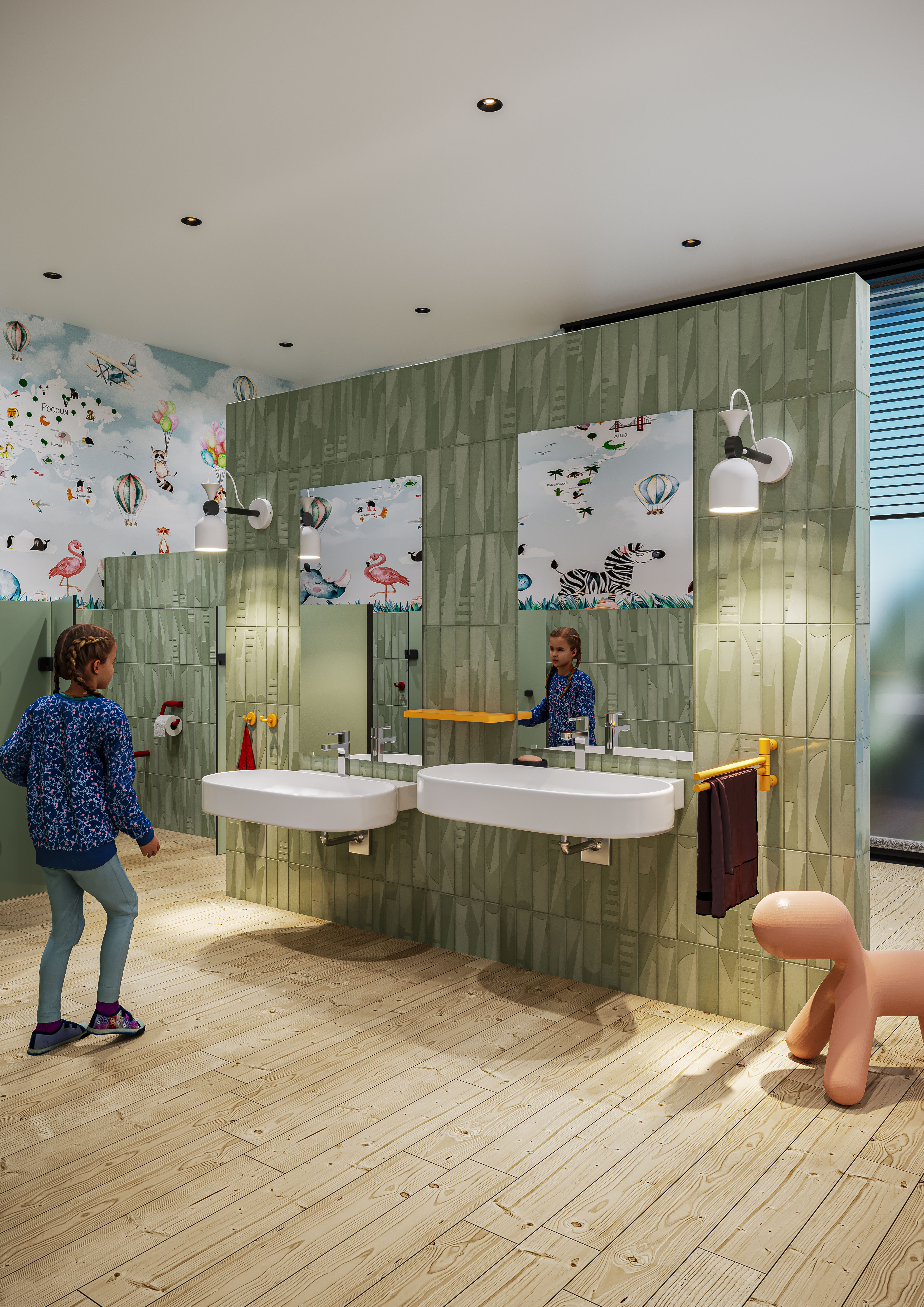 A disabled-accessible bathroom in a nursery, fitted with Erlau brand products