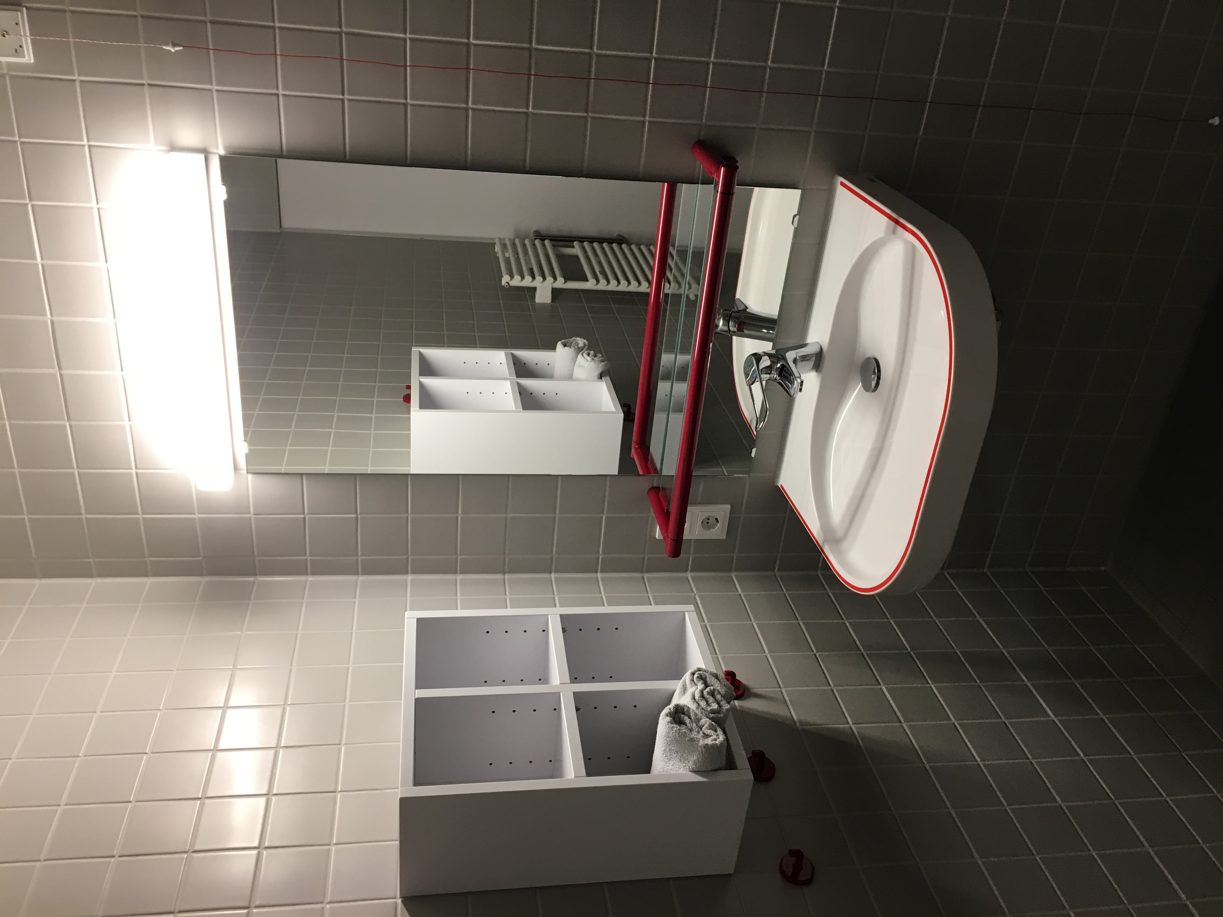 Haltegriff und Zubehör in Rubinrot der Marke Erlau am Waschbecken im Seniorenwohnheim Unterrombach