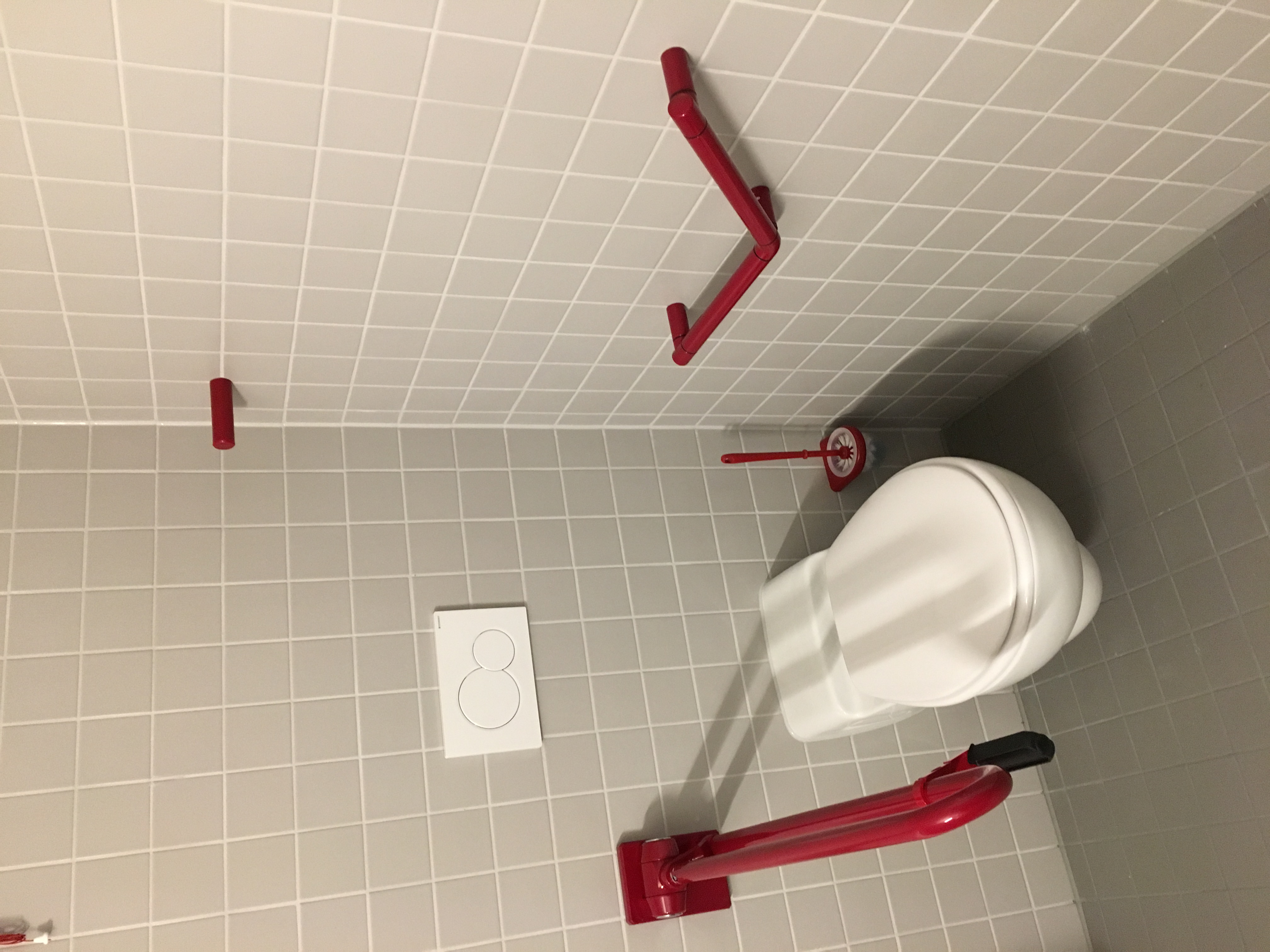 Stützklappgriff und Winkelgriff in Rubinrot der Marke Erlau am WC im Seniorenwohnheim Unterrombach